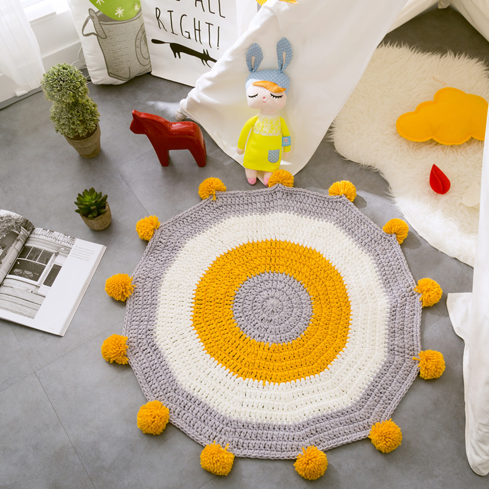 Luxury Round Cute Baby knit throw pom pom Handmade acrylic carpet crochet kids rug carpet mat home decoration